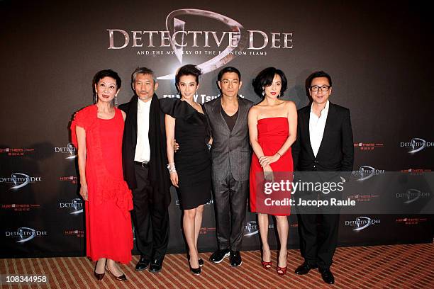Nansun Shi, Tsui Hark, Li Bingbing, Andy Lau,Carina Lau, Zhonglei Wang attend the "Detective Dee and the Mystery of Phantom Flame" party at the Hotel...