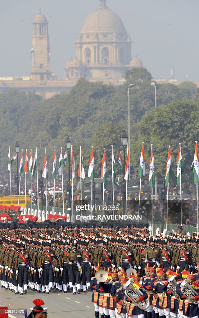 Indian soldiers march down Rajpath durin