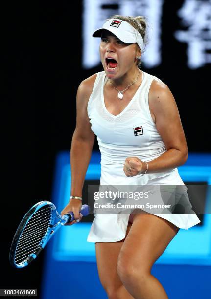 Sofia Kenin of the United States celebrates a point in her second round match against Simona Halep of Romania during day four of the 2019 Australian...