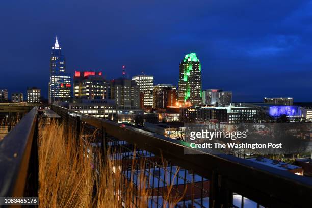 Raleigh's downtown skyline is seen from The Dillion's ninth floor lobby terrace open to the public January 02, 2019 in Raleigh, NC. The convention...