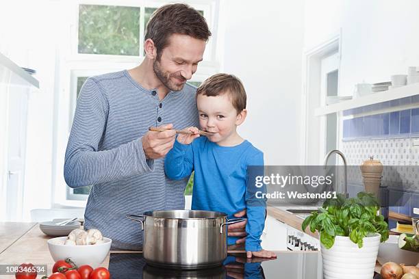 germany, bavaria, munich, father feeding meal to son (2-3 years) - wooden spoon stock pictures, royalty-free photos & images