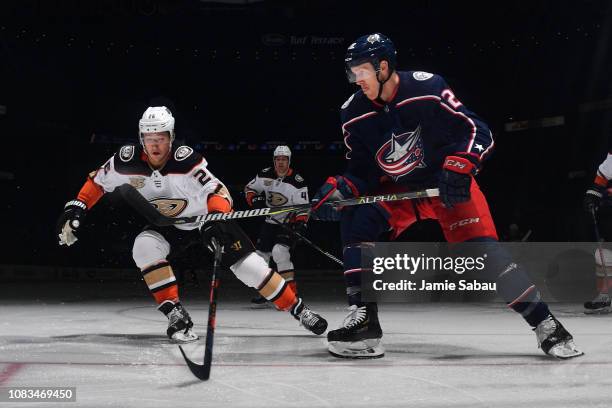 Riley Nash of the Columbus Blue Jackets skates against the Anaheim Ducks on December 15, 2018 at Nationwide Arena in Columbus, Ohio.