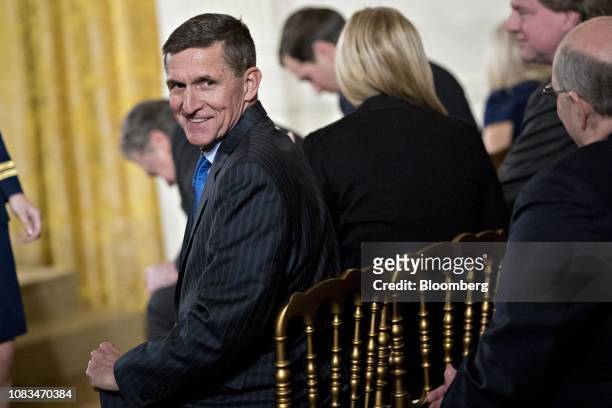 Retired Lieutenant General Michael Flynn, U.S. National security advisor, attends a swearing in ceremony of White House senior staff in the East Room...