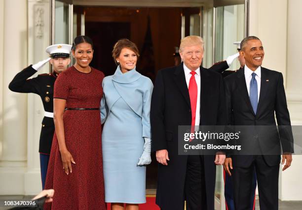 President Barack Obama, from right, U.S. President-elect Donald Trump, U.S. First Lady-elect Melania Trump, and U.S. First Lady Michelle Obama stand...
