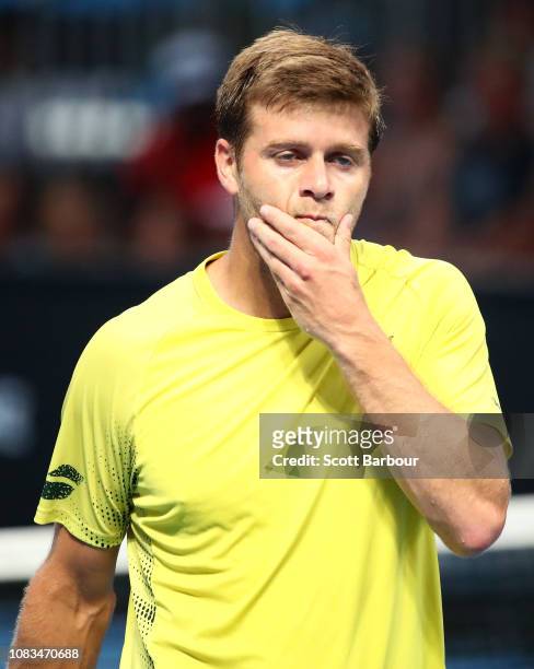 Ryan Harrison of the United States looks on in his second round match against Daniil Medvedev of Russia during day four of the 2019 Australian Open...