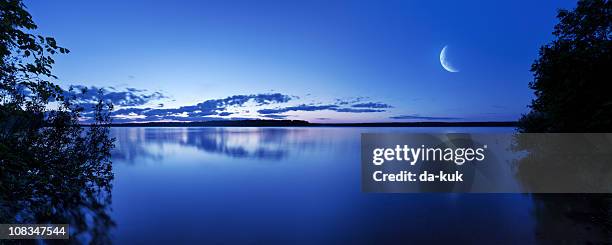 night shot of lake - half moon stock pictures, royalty-free photos & images