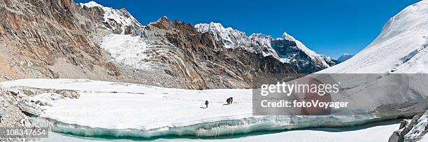 sherpas carrying mountaineering kit high altitude glacier pass himalayas nepal - khumbu stockfoto's en -beelden
