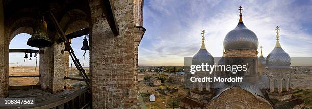panorama of church and bell tower in village nikolsky, russia - russian orthodox stockfoto's en -beelden