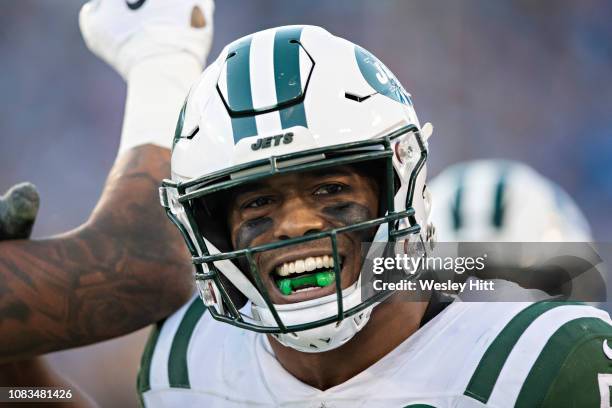 Darron Lee of the New York Jets celebrates with a smile during a game against the Tennessee Titans at Nissan Stadium on December 2, 2018 in...