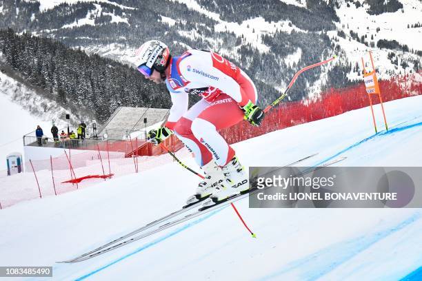 Switzerland's Beat Feuz takes part in the training run for the men's downhill race of the FIS Alpine Skiing World Cup in Lauberhorn, in Wengen, on...