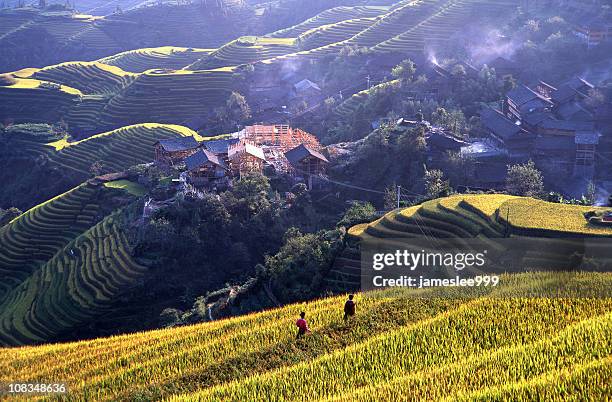 village und rice paddy - longji tetian stock-fotos und bilder