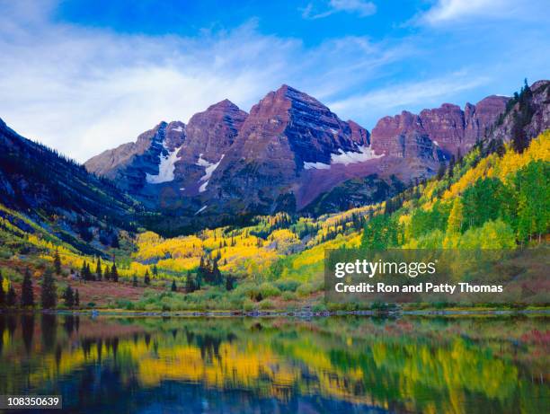 autumn aspen landscape with mountains, trees, and lake view - maroon bells stock pictures, royalty-free photos & images