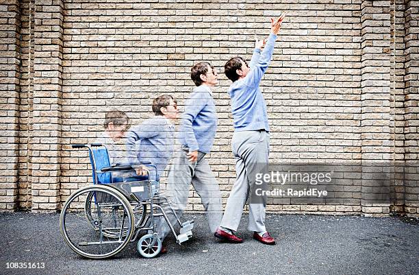 composite image as old woman in wheelchair rises, cured - spinal cord injury stock pictures, royalty-free photos & images