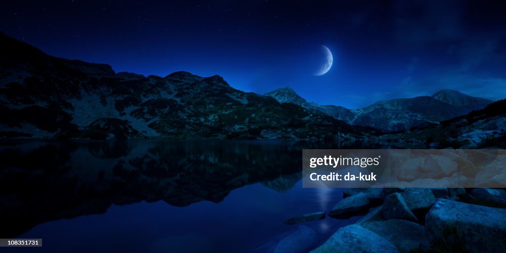 Night shot of mountains and lake