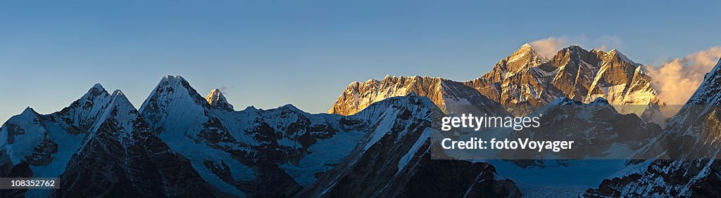 Mt Everest golden sunset panorama Lhotse Nuptse mountain peaks Himalayas