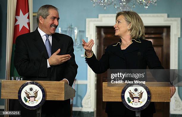 Secretary of State Hillary Clinton and Jordanian Foreign Minister Nasser Judeh speak during a joint press availability January 26, 2011 at the State...