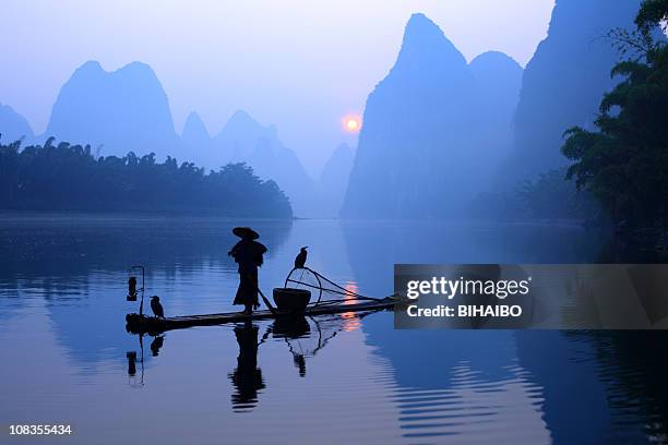 fisherman on li river - cormorant stock pictures, royalty-free photos & images