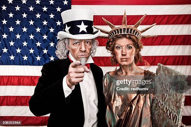 patriotic uncle sam and lady liberty want you! - uncle sam i want you stock pictures, royalty-free photos & images