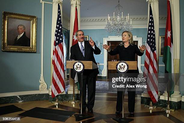 Secretary of State Hillary Clinton and Jordanian Foreign Minister Nasser Judeh speak during a joint press availability January 26, 2011 at the State...