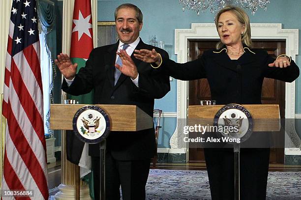 Secretary of State Hillary Clinton and Jordanian Foreign Minister Nasser Judeh speak during a joint press availability January 26, 2011 at the State...