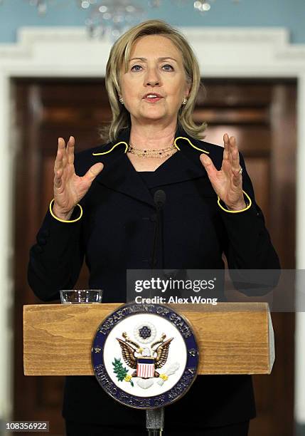 Secretary of State Hillary Clinton speaks during a joint press availability with Jordanian Foreign Minister Nasser Judeh January 26, 2011 at the...