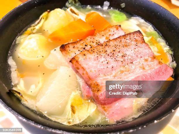 pot-au-feu of vegetsbles and pancetta - pot au feu stock pictures, royalty-free photos & images