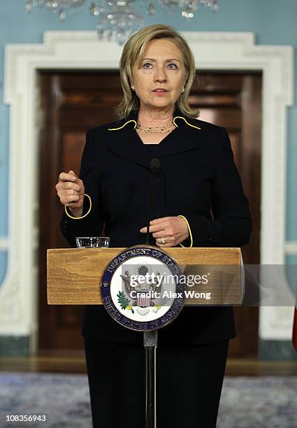 Secretary of State Hillary Clinton speaks during a joint press availability with Jordanian Foreign Minister Nasser Judeh January 26, 2011 at the...