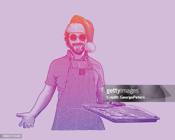 young man baking cookies - baking sheet stock illustrations