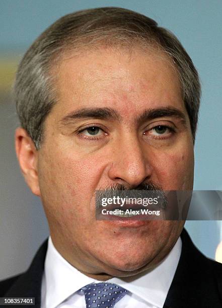 Jordanian Foreign Minister Nasser Judeh speaks during a joint press availability with U.S. Secretary of State Hillary Clinton January 26, 2011 at the...