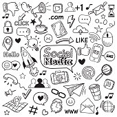 Social media doodle. Internet website doodles, social network communication and online web hand drawn vector icons set