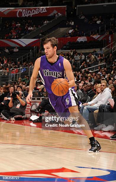 Beno Udrih of the Sacramento Kings drives to the basket during the game against the Los Angeles Clippers at Staples Center on November 25, 2010 in...