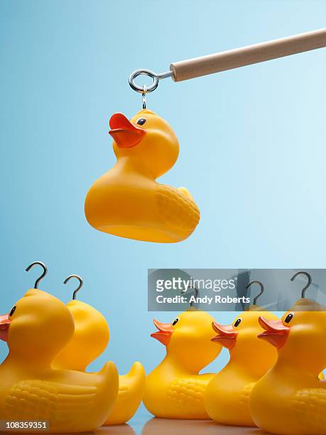 pole lifting rubber duck with hook in its head - rubber duck stock pictures, royalty-free photos & images
