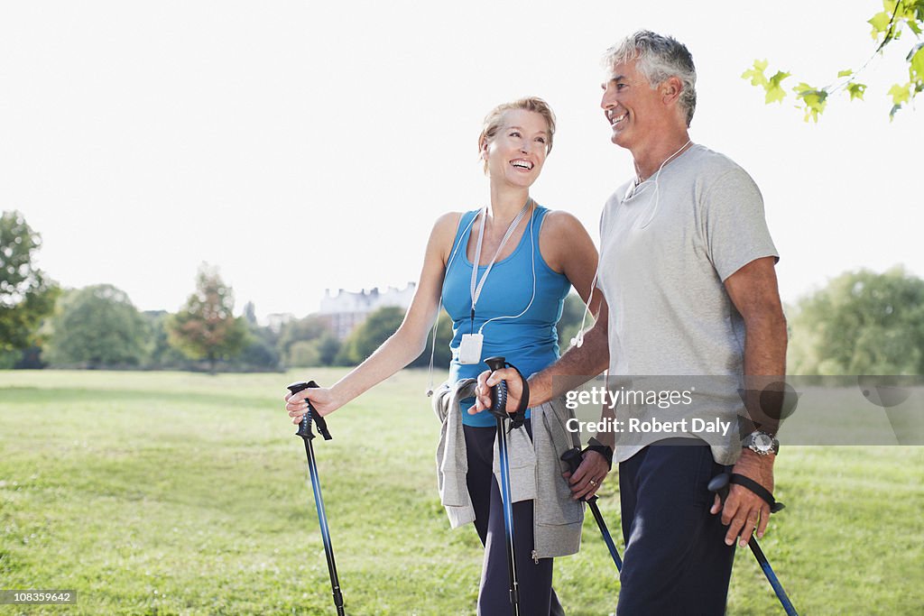 Smiling couple hiking together
