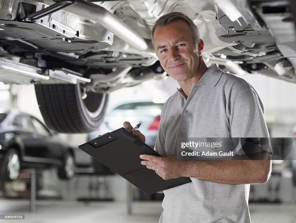 Mechanic working underneath car in auto repair shop