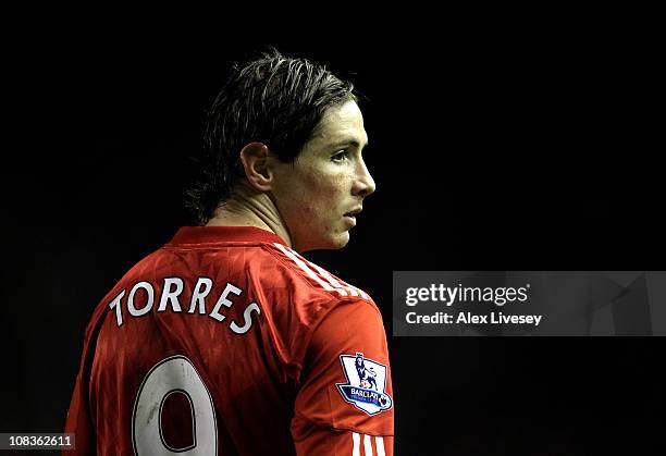 Fernando Torres of Liverpool looks on during the Barclays Premier League match between Liverpool and Fulham at Anfield on January 26, 2011 in...
