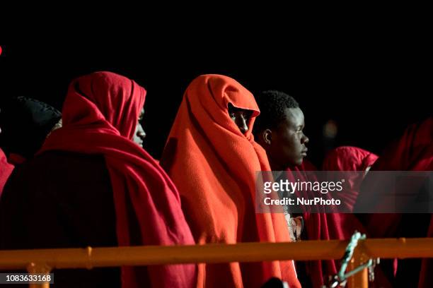 Group of rescued migrants waits onboard the Spanish Maritime vessel. Since the beginning of the year 2019, around 1300 rescued migrants have...