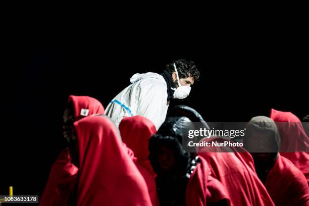 Group of rescued migrants waits onboard the Spanish Maritime vessel. Since the beginning of the year 2019, around 1300 rescued migrants have...