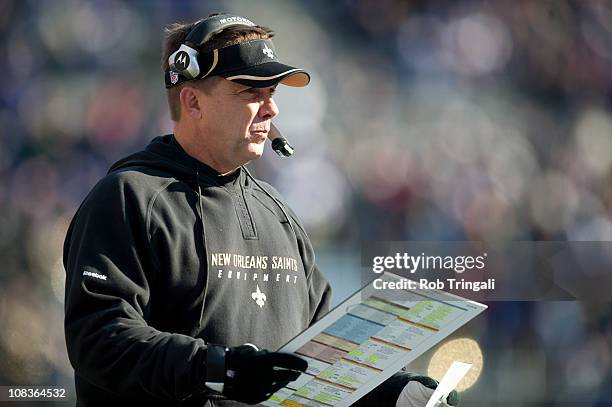 Head coach Sean Payton of the New Orleans Saints looks on against the Baltimore Ravens on December 19, 2010 at M&T Bank Stadium in Baltimore,...