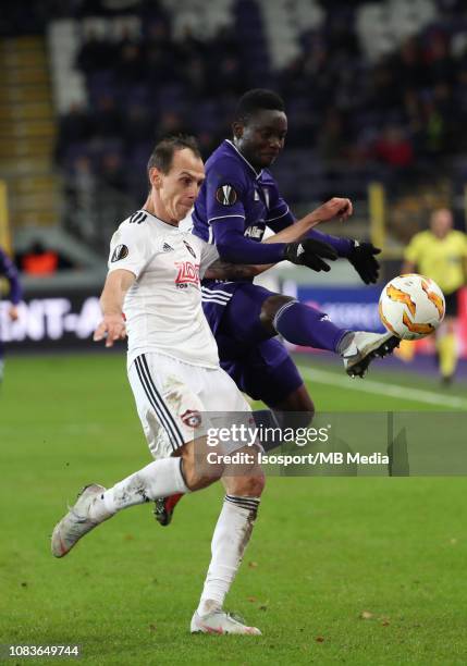 Martin Bakos of Trnava and Mohammed Dauda of Anderlecht fight for the ball during the UEFA Europa League Group D match between RSC Anderlecht and FC...