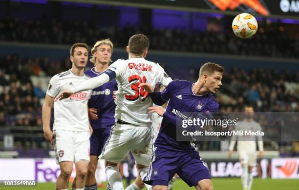 Lukas Gressak of Trnava and James Lawrence of Anderlecht fight for the ball during the UEFA Europa League Group D match between RSC Anderlecht and FC...