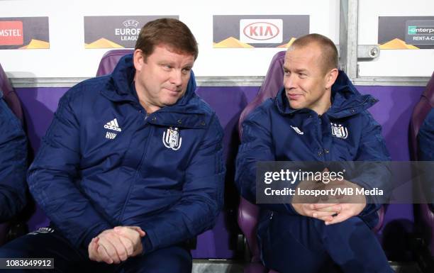 Hein Vanhaezebrouck and Par Zetterberg of Anderlecht pictured during the UEFA Europa League Group D match between RSC Anderlecht and FC Spartak...