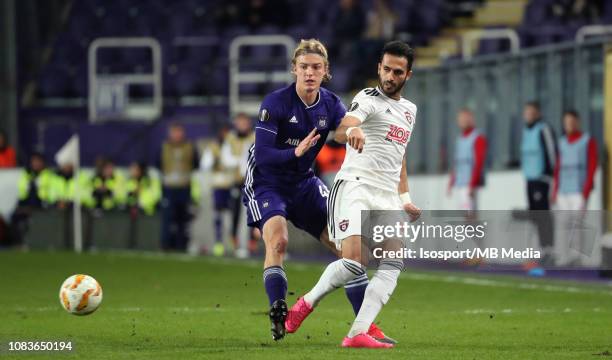 Sebastiaan Bornauw of Anderlecht and Ali Ghorbani of Trnava fight for the ball during the UEFA Europa League Group D match between RSC Anderlecht and...