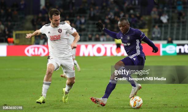 Davit Skhirtladze of Trnava and Edo Kayembe of Anderlecht fight for the ball during the UEFA Europa League Group D match between RSC Anderlecht and...