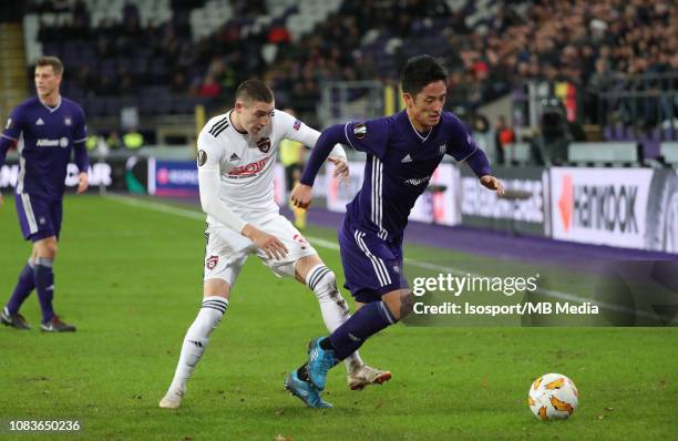 Erik Jirka of Trnava and Ryota Morioka of Anderlecht fight for the ball during the UEFA Europa League Group D match between RSC Anderlecht and FC...