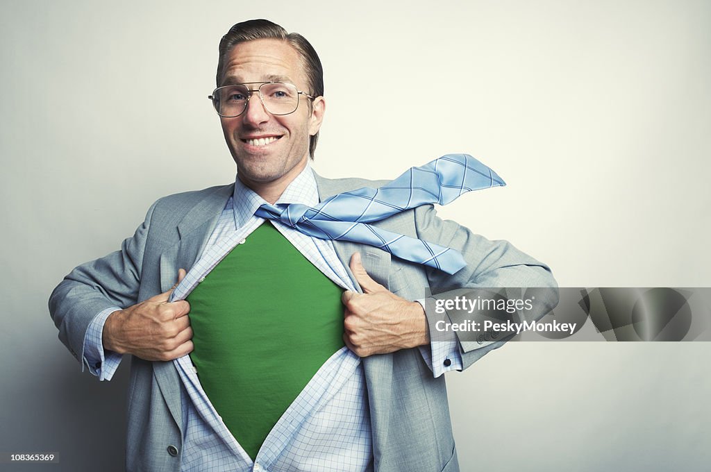 Smiling Green Office Superhero Businessman