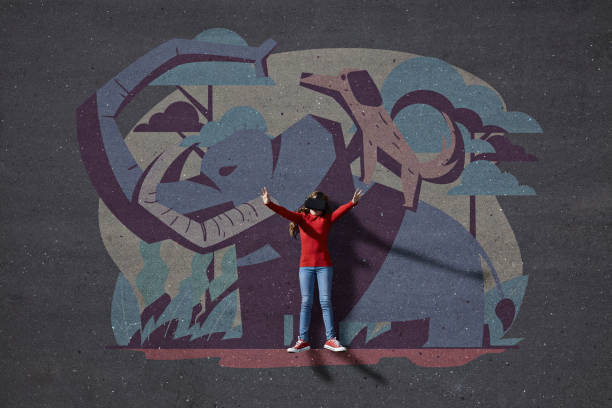 girl wearing vr goggles in front of painted background of wild animals - zoo art stock pictures, royalty-free photos & images