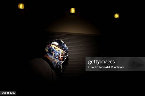 Goaltender Devan Dubnyk of the Edmonton Oilers walks to the ice before a game against the Dallas Stars at American Airlines Center on January 26,...