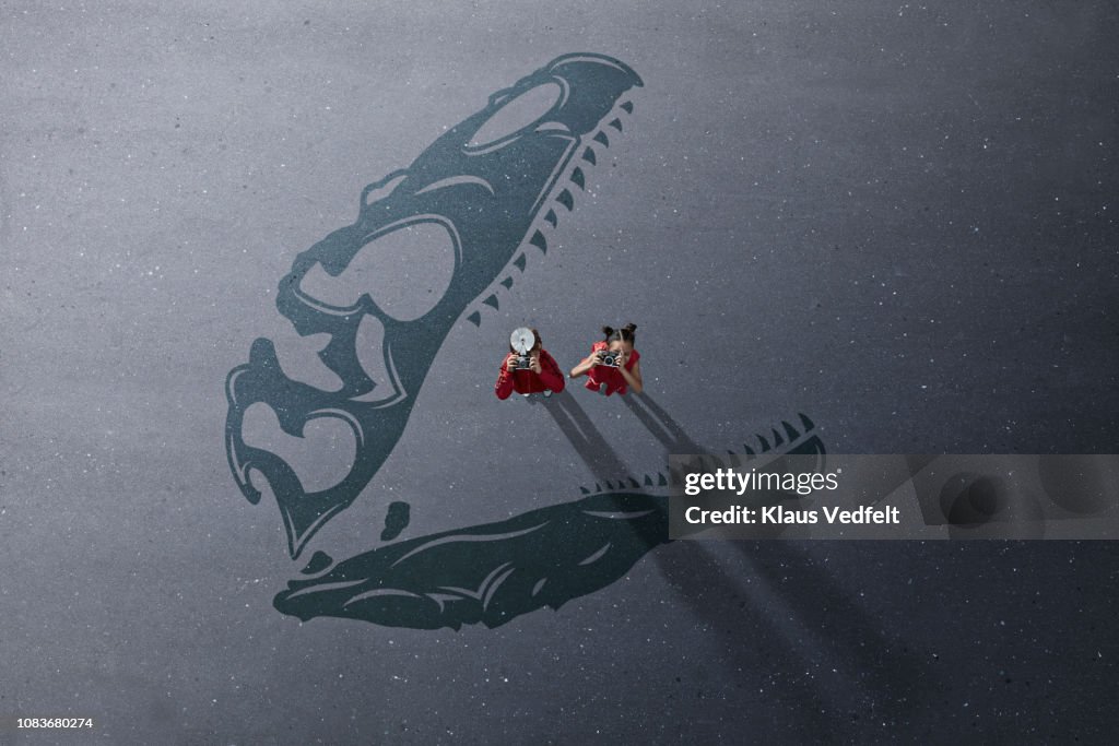 Boy & girl standing on shadow of dinosaur with cameras and looking up