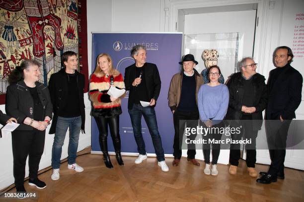 Lisa Nesselson, Vincent Blanchard, Eve Jackson, Pierre Zeni, Gregoire Hetzel, guests and Alexandre Desplat attend the 24th Prix Lumieres Press...