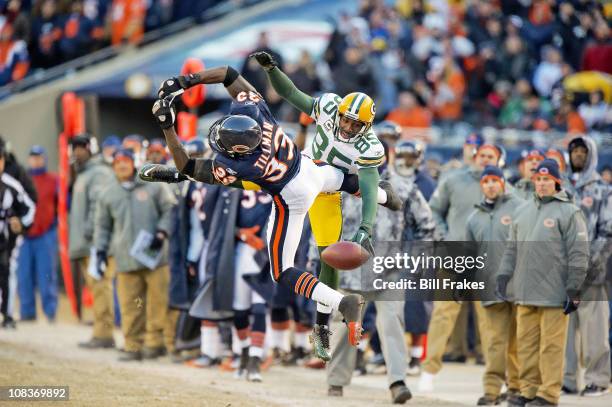 Championship: Chicago Bears Charles Tillman in action, breaking up pass intended for Green Bay Packers Greg Jennings at Soldier Field.Chicago, IL...